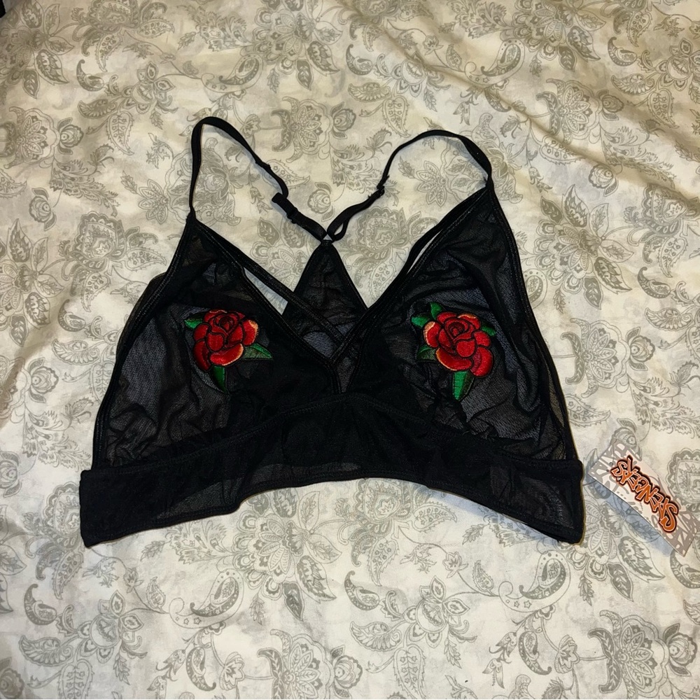 Spencer's Black sheer Bralette with Red Rose Embroidery L/XL